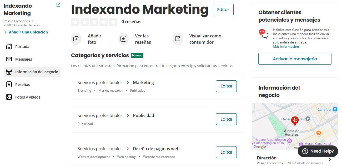 Yelp perfil de empresa Indexando Marketing