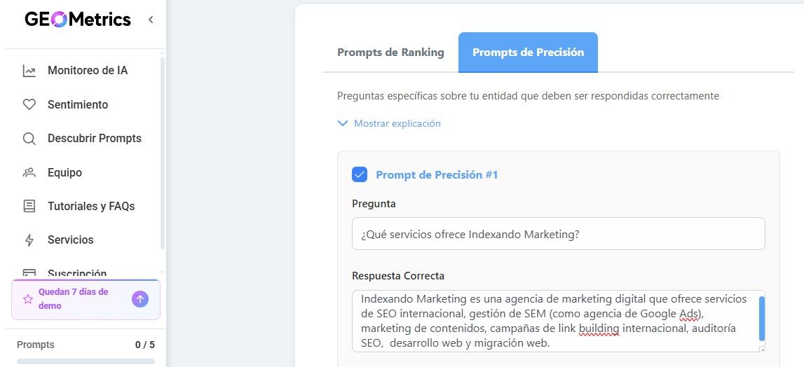 Análisis de prompts en GEO Metrics