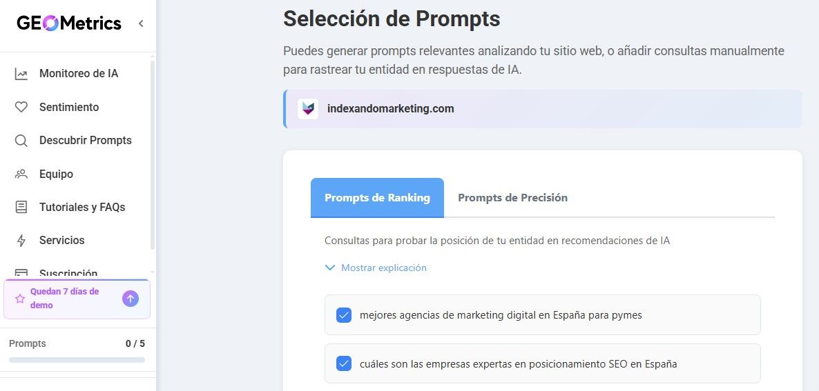 Selección de prompts en GEO Metrics